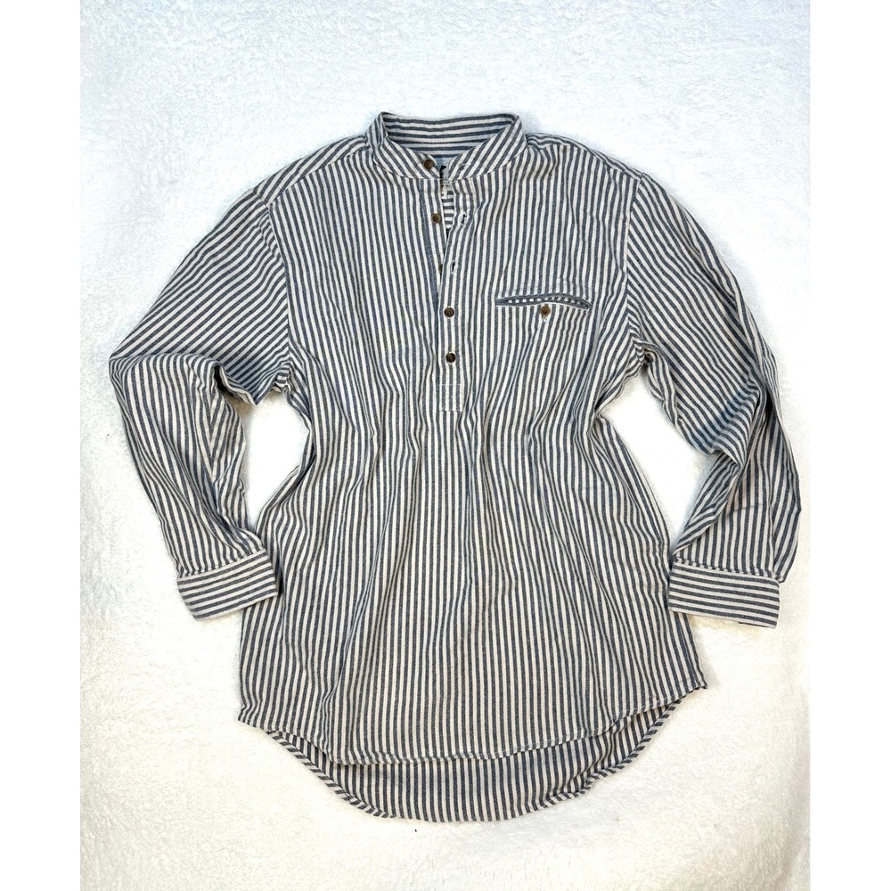 Lee Valley‎ Ireland Flannel womens M white blue striped collarless Grandad woven